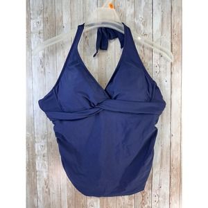 Athleta Womens Swim Tankini Sz 34D Navy‎ Halter Ruched Side Tie Neck Knotted